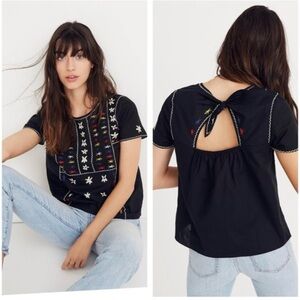 Madewell Black Embroidered Open Back Top Size Medium